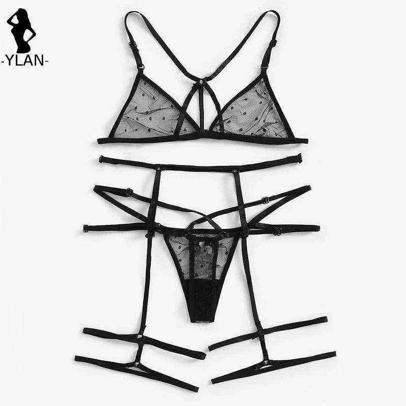 Women Lingerie Sexy Bra Thongs Garters Set Polka Dot Mesh Underwear Set Porn Sex Costumes Transparent Lace Lingerie Exotic Set