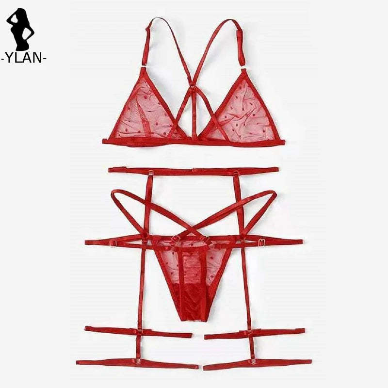 Women Lingerie Sexy Bra Thongs Garters Set Polka Dot Mesh Underwear Set Porn Sex Costumes Transparent Lace Lingerie Exotic Set