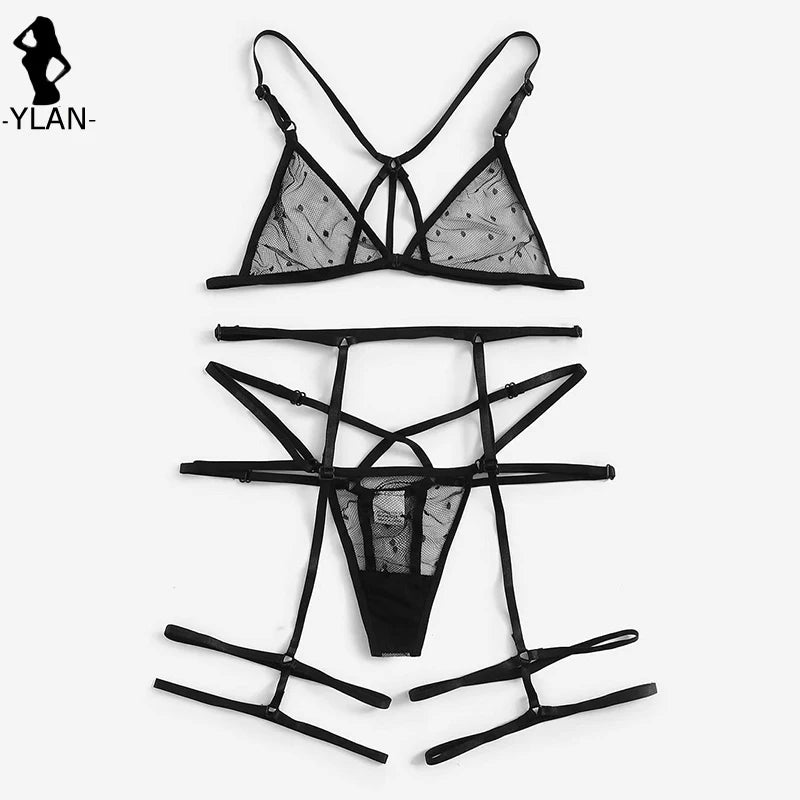 Women Lingerie Sexy Bra Thongs Garters Set Polka Dot Mesh Underwear Set Porn Sex Costumes Transparent Lace Lingerie Exotic Set